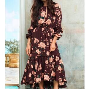 Johanna Ortiz x H&M Dress MED Brown Floral Cinched Midi Cottage Feminine Ruffle